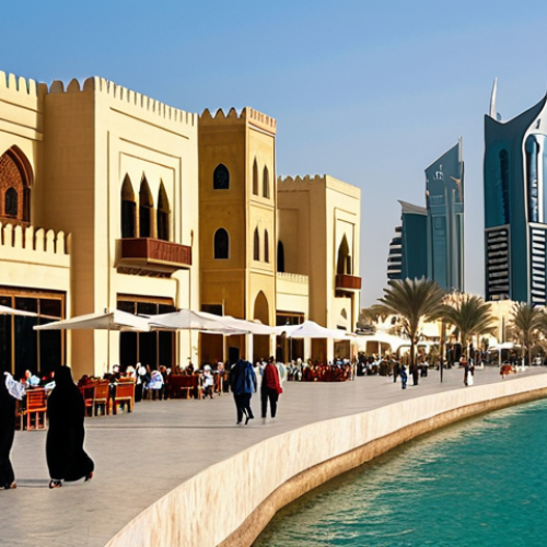 Home 4 **Doha Winter Charm:** A vibrant and comfortable winter scene in Doha, Qatar. People are leisurely strolling along the Corniche, with the iconic Museum of Islamic Art and modern skyscrapers elegantly reflecting in the calm waters of the Persian Gulf under a soft, mild sun. In the foreground, a bustling corner of Souq Waqif shows traditional architecture, inviting cafes with outdoor terraces, and hints of aromatic spices. The atmosphere is inviting and culturally rich, with warm natural light. *Photography, cityscape, cultural, comfortable, high detail.*