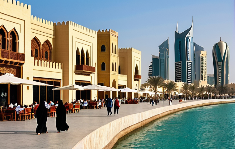 **Doha Winter Charm:** A vibrant and comfortable winter scene in Doha, Qatar. People are leisurely strolling along the Corniche, with the iconic Museum of Islamic Art and modern skyscrapers elegantly reflecting in the calm waters of the Persian Gulf under a soft, mild sun. In the foreground, a bustling corner of Souq Waqif shows traditional architecture, inviting cafes with outdoor terraces, and hints of aromatic spices. The atmosphere is inviting and culturally rich, with warm natural light. *Photography, cityscape, cultural, comfortable, high detail.*